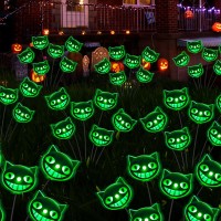 Xgiftkey Halloween Decorations Outdoor Cat Yard Signs12Led 2Packs Green Cat Head Halloween Swaying Firefly Lights With Ghost D