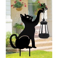 Solar Lights Outdoor Garden Decorblack Cat Figurine Light Stake With Butterflydecorative Metal Housewarming Ornament For Yard