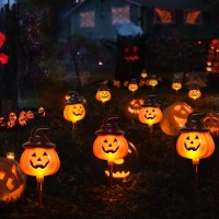 6 Pack Halloween Pumpkin Pathway Solar Lights Orange Jack O Lantern Stake String Lights For Outdoor Halloween Decorations Outs