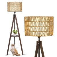 Lamsu Wood Tripod Floor Lamp Boho Mid Century Floor Lamps For Living Room Modern Farmhouse Standing Lamp With Rattan Shades O