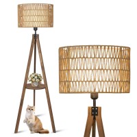 Lamsu Boho Tripod Floor Lamps For Living Room Rattan Wood Floor Lamp With Fabric Shades Mid Century Standing Lamp With Shelf