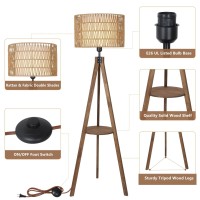 Lamsu Boho Tripod Floor Lamps For Living Room Rattan Wood Floor Lamp With Fabric Shades Mid Century Standing Lamp With Shelf