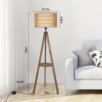 Lamsu Boho Tripod Floor Lamps For Living Room Rattan Wood Floor Lamp With Fabric Shades Mid Century Standing Lamp With Shelf