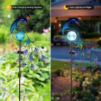 Viveta Peacock Solar Garden Lights 403 Inch Metal Waterproof Peacock Solar Stake Lights With Cracked Glass Ball Peacock Solar