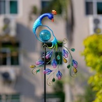 Viveta Peacock Solar Garden Lights 403 Inch Metal Waterproof Peacock Solar Stake Lights With Cracked Glass Ball Peacock Solar