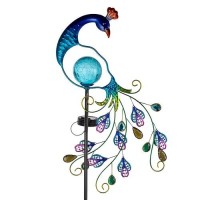 Viveta Peacock Solar Garden Lights 403 Inch Metal Waterproof Peacock Solar Stake Lights With Cracked Glass Ball Peacock Solar