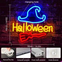 Nosun Halloween Neon Sign Red Broom Neon Signs For Wall Decor Blue Wizard Hat Led Sign Neon Halloween Signs Neon Light Sign For