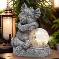 Halpssfm Garden Outdoor Dragon Statue Holding Solar Magic Orb Led Light Resin Adorable Baby Dragon Figurines For Patio Balcony Y