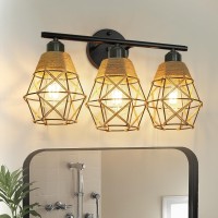 Frideko 3Light Bathroom Vanity Light Fixtures Rattan Bathroom Light Fixtures Over Mirror Boho Wall Sconce With Woven Lampshad