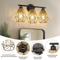 Frideko 3Light Bathroom Vanity Light Fixtures Rattan Bathroom Light Fixtures Over Mirror Boho Wall Sconce With Woven Lampshad