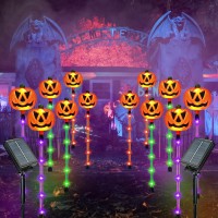 Sanjicha 12Pack Pumpkin Solar Lights For Outdoor Halloween Decorations Green Orange And Purple Halloween Lights Light Up Jack