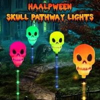 Aovciust Halloween Decorations Outdoor 4Set Solar Pathways Lights With Multicolor Waterproof Skull Lights For Halloween Decora