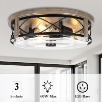 16 Inch Farmhouse Flush Mount Ceiling Light With Seeded Glass 3Light Wood Grain Round Ceiling Lamp Modern Large Indoor Outdoo