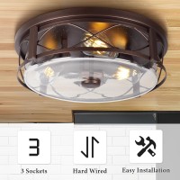 16 Inch Large Flush Mount Ceiling Light With Seeded Glass 3Light Bronze Round Ceiling Lamp Modern Farmhouse Indoor Outdoor Ce