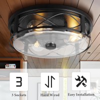 16 Inch Large Flush Mount Ceiling Light With Seeded Glass 3Light Black Round Ceiling Lamp Modern Farmhouse Indoor Outdoor Cei