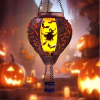 Dreamskip Halloween Hot Air Balloon Solar Lantern With Flame Witch On Broomstick Halloween Outdoor Solar Lanterns Waterproof S