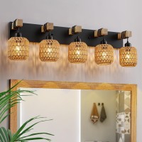 5 Light Bathroom Vanity Light Fixtures Rustic Style Wood Bathroom Wall Sconce With Boho Wicker Lampshade Suitable For Bedroom