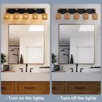 5 Light Bathroom Vanity Light Fixtures Rustic Style Wood Bathroom Wall Sconce With Boho Wicker Lampshade Suitable For Bedroom