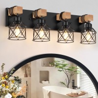 Fadimikoo 4Light Rustic Style Wood Bathroom Vanity Light Fixtures Black Bathroom Lighting With Cage Metal Shade Farmhouse Wal