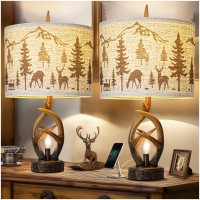 Farmhouse Deer Antler Table Lamp Set Of 2 For Living Room With Usb Ports Rustic Bedside Lamp With Nightlight For Bedroom Linen