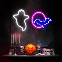 2 Pack Halloween Decoration Leds Neon Sign Light Ghost Neon Sign Bat And Moon Lights Neon Sign Hanging Neon Sign For Halloween P