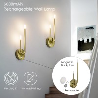 Aipsun Gold Battery Operated Wall Sconce Set Of 2 Wireless Sconces Modern Led 3000K Rechargeable Wall Sconce Dimmable Battery W