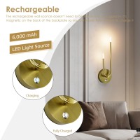 Aipsun Gold Battery Operated Wall Sconce Set Of 2 Wireless Sconces Modern Led 3000K Rechargeable Wall Sconce Dimmable Battery W