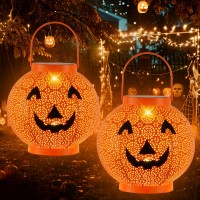 2 Pack Halloween Decoration Hanging Solar Lantern Outdoor Solar Powered Jacko Lantern Pumpkin Waterproof Halloween Decor Met