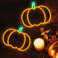 Missaudrey 2Pcs Fall Halloween Orange Pumpkin Neon Sign Lights Fall Decor Neon Sign Hanging For Window Wall Table Home Kitchen