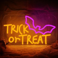 Missaudrey Trick Or Treat Neon Sign For Wall Window Decor Halloween Party Hanging Bat Neon Sign Usb Powered Dimmable Halloween S