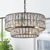 Catiner Black Crystal Chandelier 9Lights Luxury Crystal Pendant Chandelier 20 Drum Semi Flush Mount Ceiling Lights For Dining