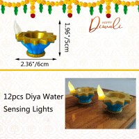 12 Pcs Diwali Diyas Lamp Decorations Diwali Blue Led Water Sense Lights Waterproof Flameless Lotus Tea Lights Oil Lamps For Ce