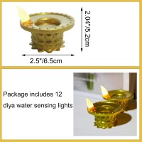 12 Pcs Diwali Diyas Lamp Decorations Diwali Gold Led Water Sense Lights Waterproof Flameless Lotus Tea Lights Oil Lamps For Ce