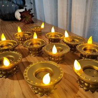 12 Pcs Diwali Diyas Lamp Decorations Diwali Gold Led Water Sense Lights Waterproof Flameless Lotus Tea Lights Oil Lamps For Ce