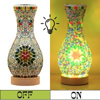 Jaitaik Unique Turkish Moroccan Style Mosaic Table Lamp Colorful Glass Table Light With Wood Base Usb Powered For Bedroom Liv