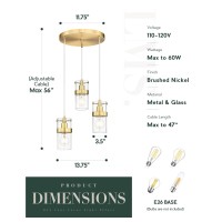 Lms 3Light Modern Cluster Pendant Light Brushed Gold Kitchen Island Pendant Light Fixtures With Clear Glass Adjustable Cord H