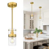 Lms Modern Cylinder Pendant Light 1Light Brushed Gold Pendant Light Fixtures With Clear Glass Adjustable Hanging Rod Ceiling