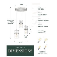 Lms Industrial Glass Cluster Pendant Light Brushed Nickel 3Light Pendant Light Fixtures With Clear Glass Adjustable Hanging C