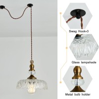 Cvkash Plug In Glass Pendant Light Fixture Brass Vintage Adjustable Chandelier Brushed Gold Hanging Ceiling Light For Farmhouse