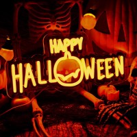 Happy Halloween Neon Sign Black Orange Halloween Neon Light Up Sign With Uv Print For Halloween Party Decoration Dimmable Neon