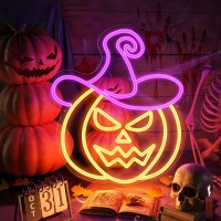 Halloween Pumpkin Neon Sign Orange Purple Wizard Hat Pumpkin Neon Light Up Sign For Halloween Party Decorations Dimmable Neon