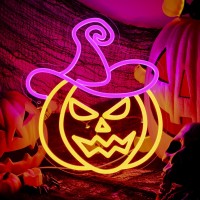 Halloween Pumpkin Neon Sign Orange Purple Wizard Hat Pumpkin Neon Light Up Sign For Halloween Party Decorations Dimmable Neon