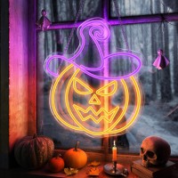 Halloween Pumpkin Neon Sign Orange Purple Wizard Hat Pumpkin Neon Light Up Sign For Halloween Party Decorations Dimmable Neon