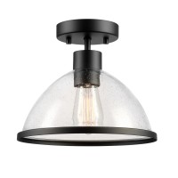 Globe Electric 1Light Outdoor Flush Mount Ceiling Light Matte Black Seeded Glass Shade Weather Resistant Indoor