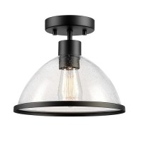 Globe Electric 1Light Outdoor Flush Mount Ceiling Light Matte Black Seeded Glass Shade Weather Resistant Indoor