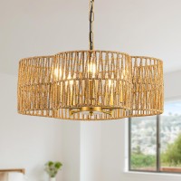 Rattan Farmhouse Chandelier 5Light Large Rattan Chandeliers For Dining Room Handwoven Boho Pendant Light With Fabric Shade