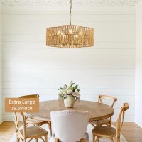 Rattan Farmhouse Chandelier 5Light Large Rattan Chandeliers For Dining Room Handwoven Boho Pendant Light With Fabric Shade