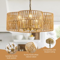 Rattan Farmhouse Chandelier 5Light Large Rattan Chandeliers For Dining Room Handwoven Boho Pendant Light With Fabric Shade