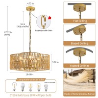 Rattan Farmhouse Chandelier 5Light Large Rattan Chandeliers For Dining Room Handwoven Boho Pendant Light With Fabric Shade