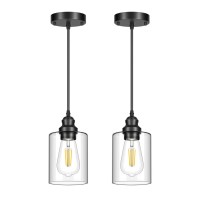 2 Pack Modern Black Pendant Lighting Clear Glass Shade Pendant Lights Kitchen Island Hanging Ceiling Light Fixture Farmhouse